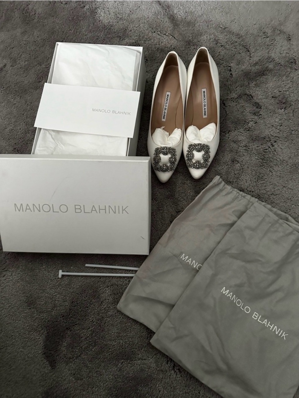 Manolo Blahnik White Pointed Toe Crystal-Embellished Pumps